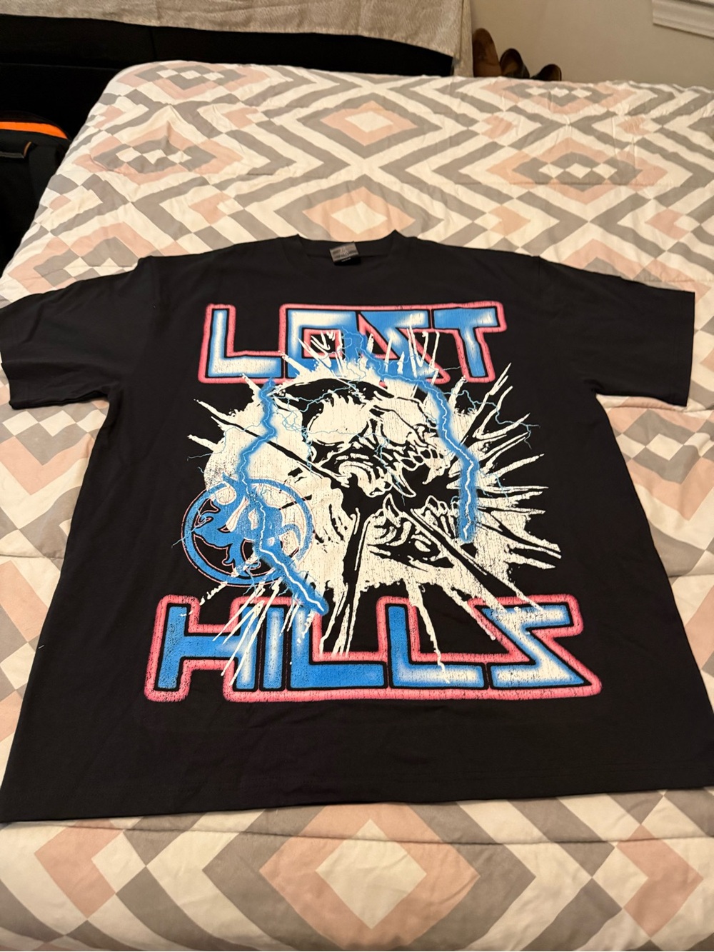 Lost Hills Black Graphic 'Lost Hills' Band T-Shirt with Neon Blue & Pink Print